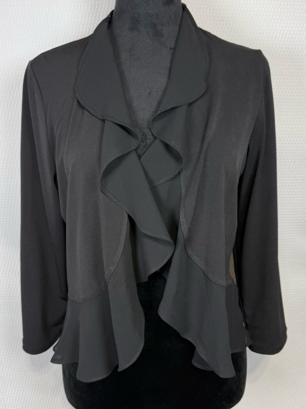 Glamour Black Ruffle Open Front Jacket Shrug Women’s Medium Sheer Hem Evening